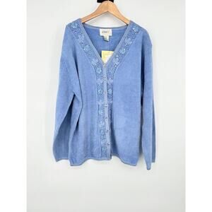 Vintage Jenny Women Chenille Cardigan Sweater Blue Embroidered Sequin Cottage XL
